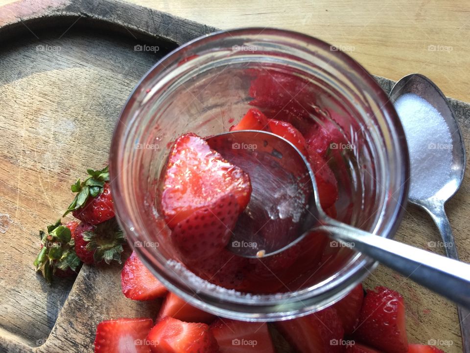 Sweetened strawberries closeup