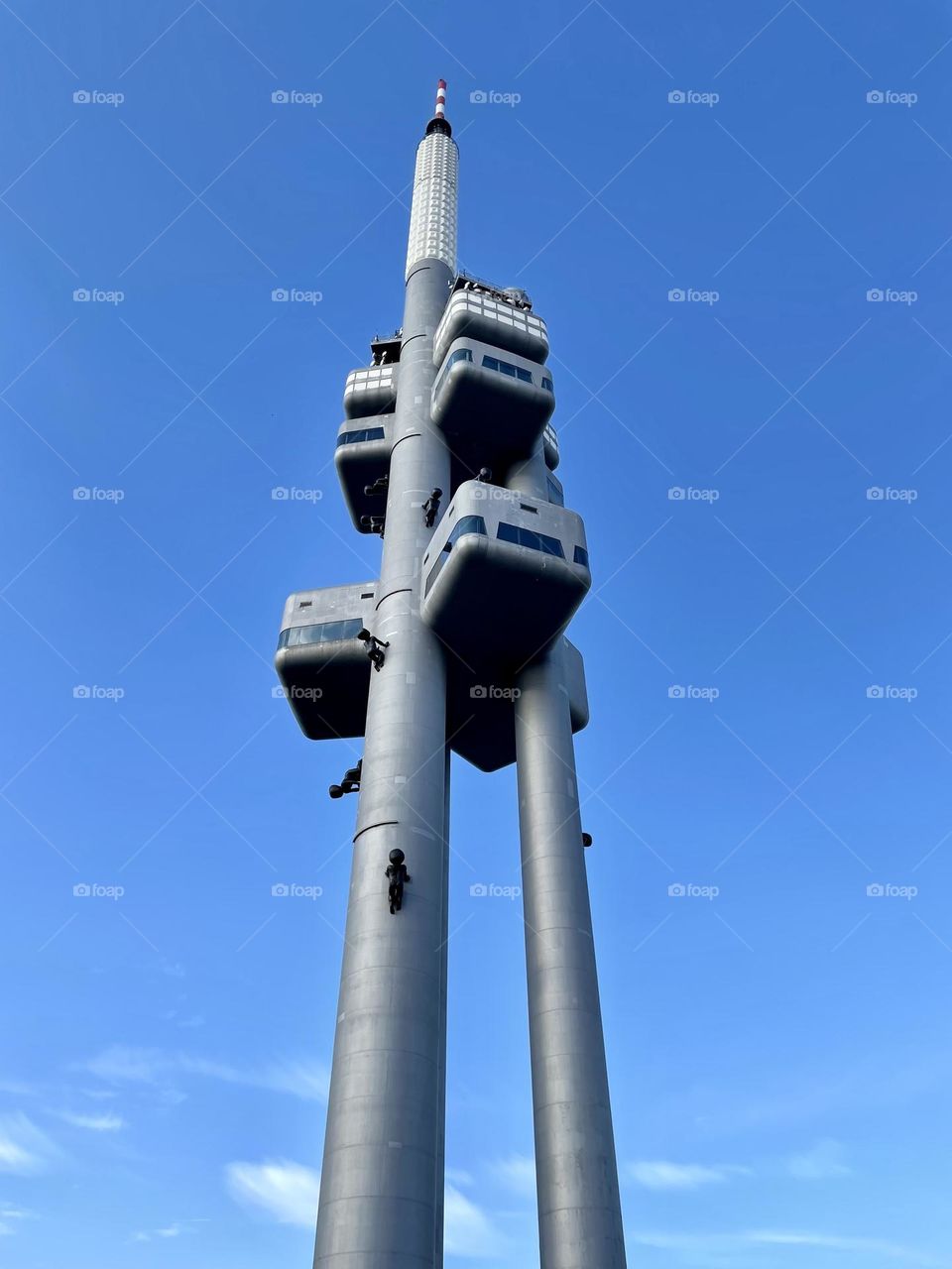 The famous Zizkov Television Tower, unique transmitter tower built in Prague between 1985 and 1992. The tower is an example of high-tech architecture. 