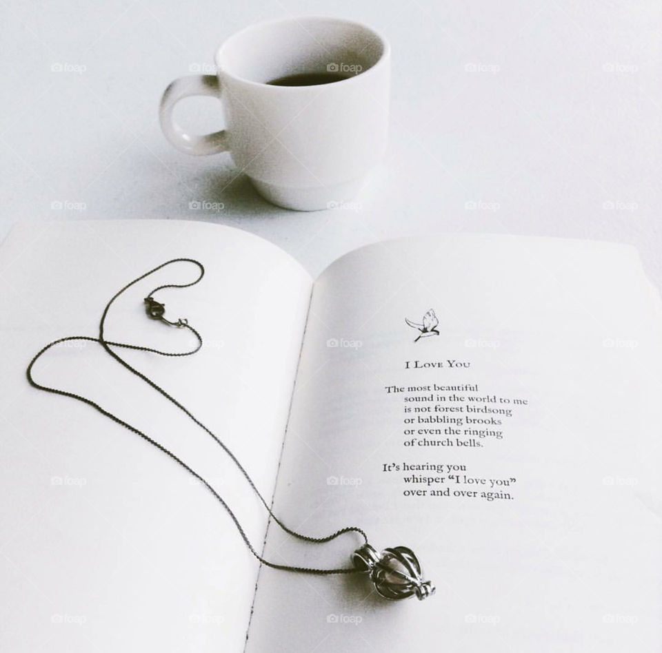 I love you... pearl necklace, flat lay photography, poetry, books, food, magazines, laptop, white theme, clean, tumblr, still life photography, commercial, ads, office, coffee, flatlay, minimal, minimalist, aesthetic, art