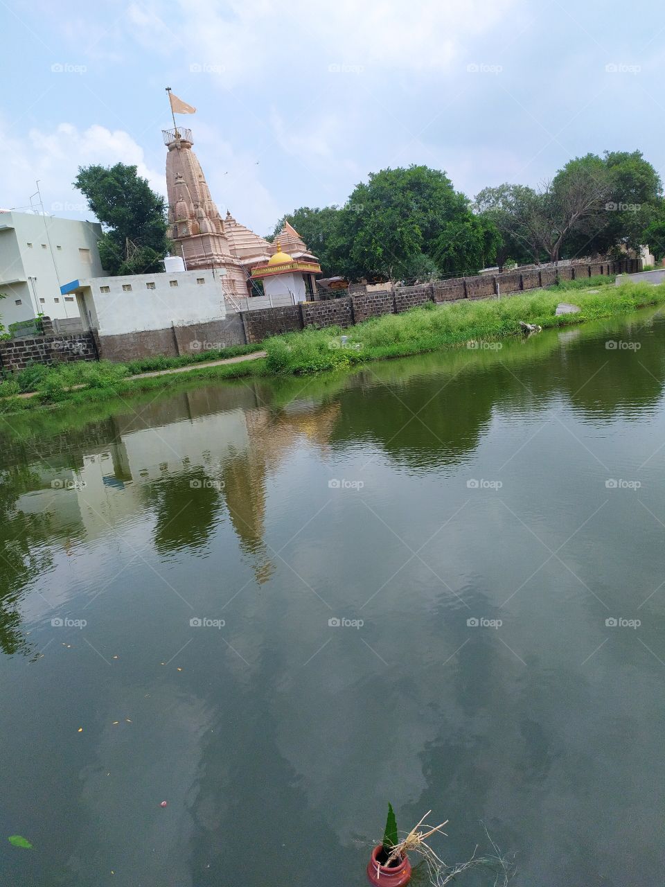 Countryside in rural areas beautiful landscape view tample river and cloudy weather