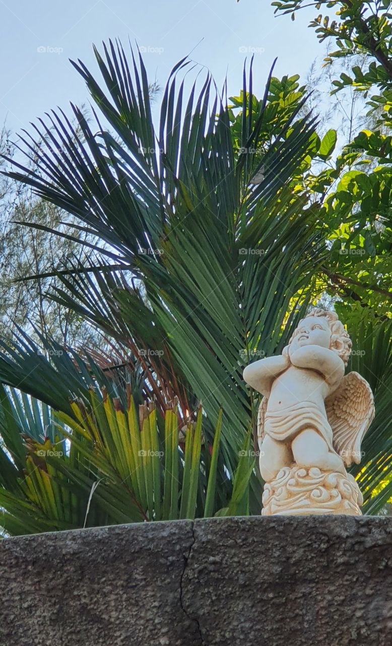 little angel statue kneeling and praying to GOD with tree background in catholic church
