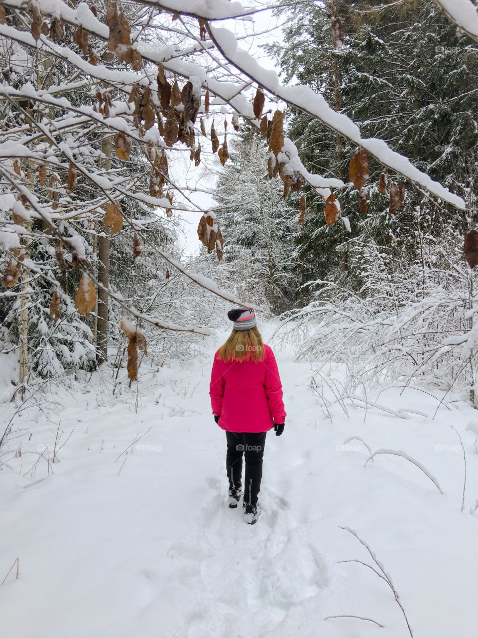 Rear view of women walking in winter