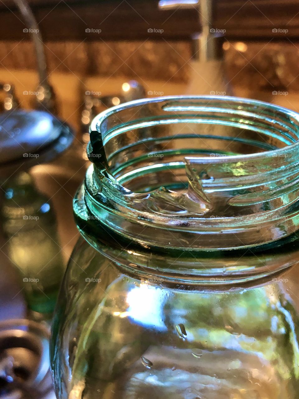 Closeup of broken glass mason jar