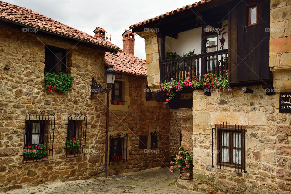 Typical street in Bárcena Mayor, Cantabria, Spain.