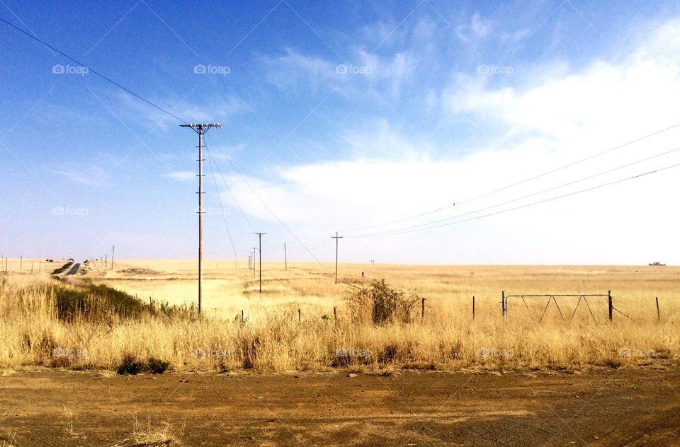 African savanna landscape with electricity poles on side of long curving road in the countryside under blue sky and wispy clouds 