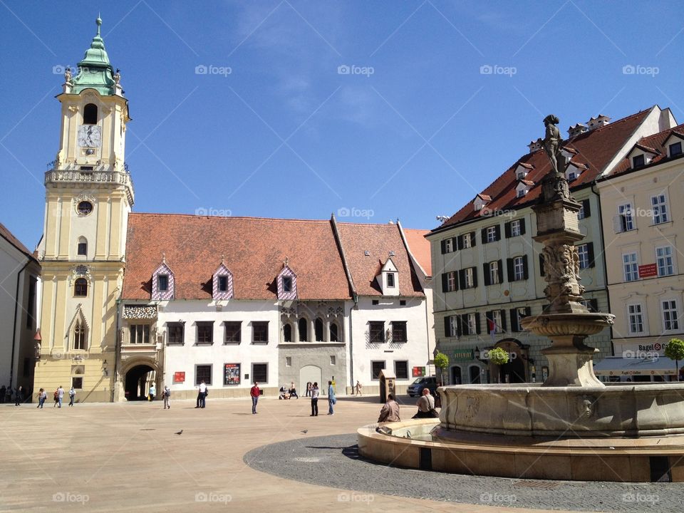 Bratislave Old Town Square. The clock tower and the fountain