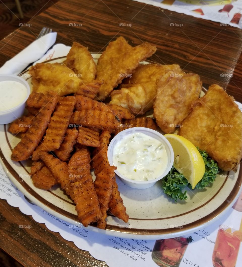 Dinner at The Galley in St. Ignes. Fried Bluegill and Sweet potatoe fries.