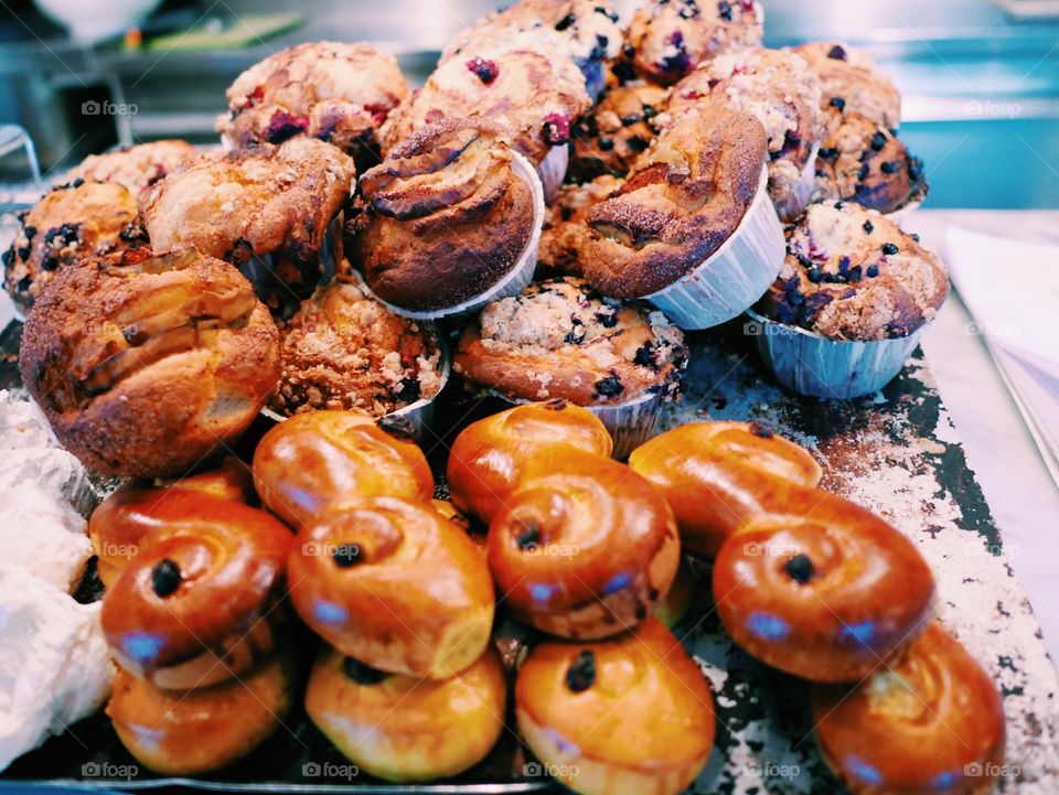 Delicious baked muffins and saffron bread