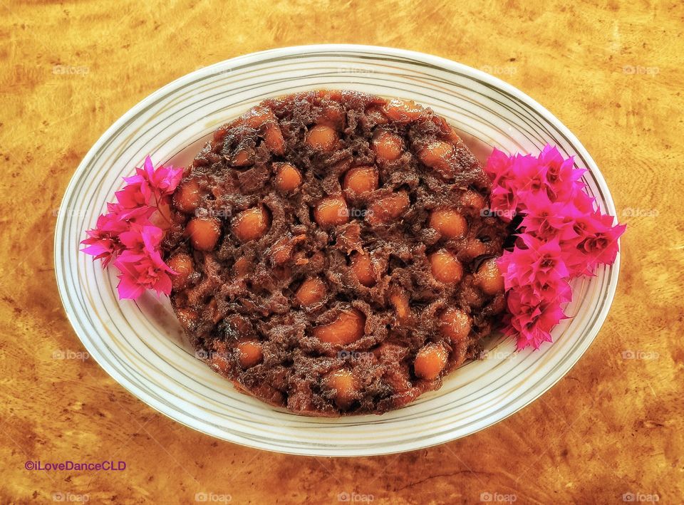 An traditional upside down cake made with papaya balls! The papaya balls were created with a small melon scoop.
