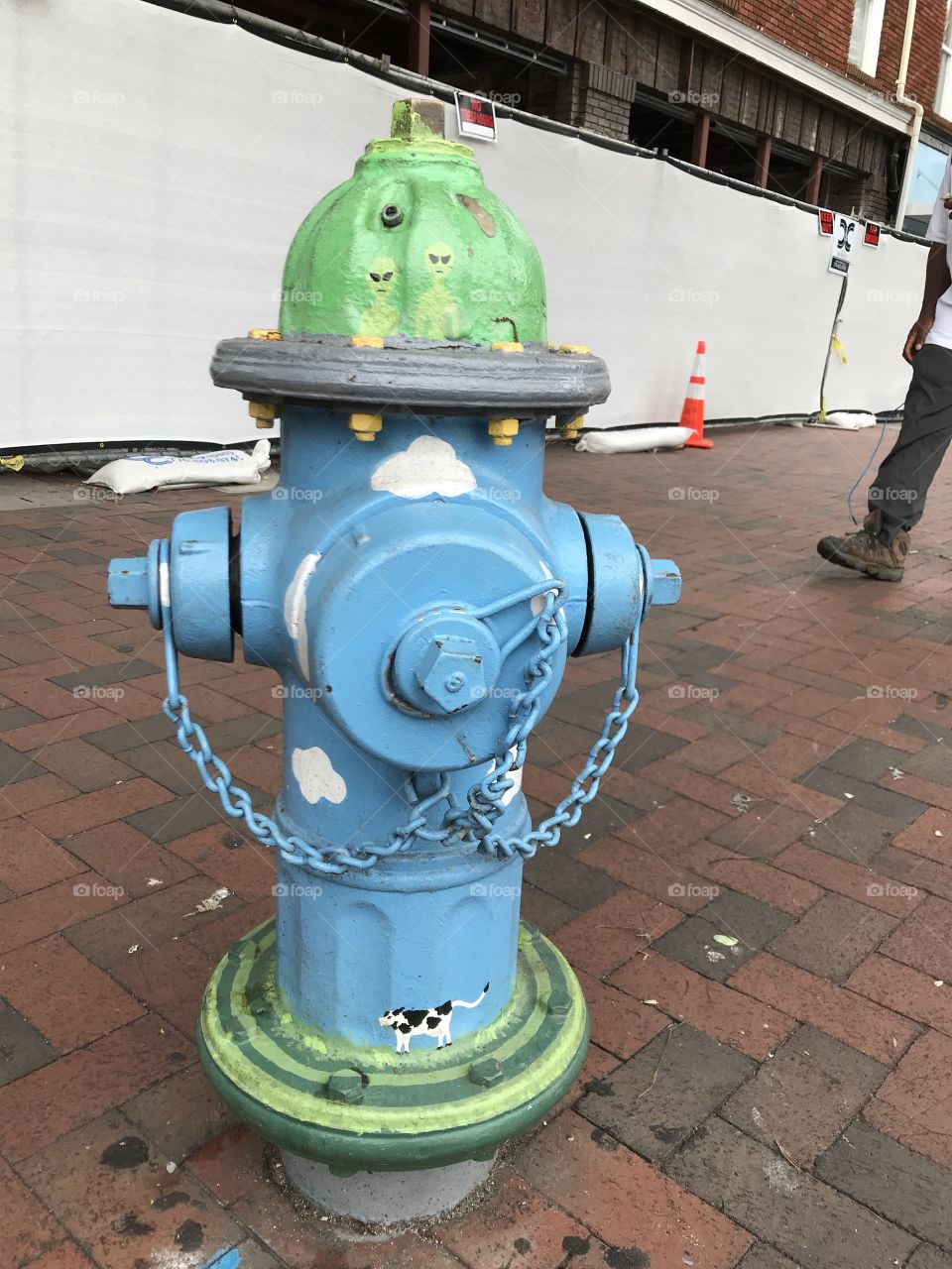 Whimsically painted fire hydrant in downtown Athens, Georgia. Painted sky blue with clouds, aliens in the sky, and a cow on the ground. Beam me up!