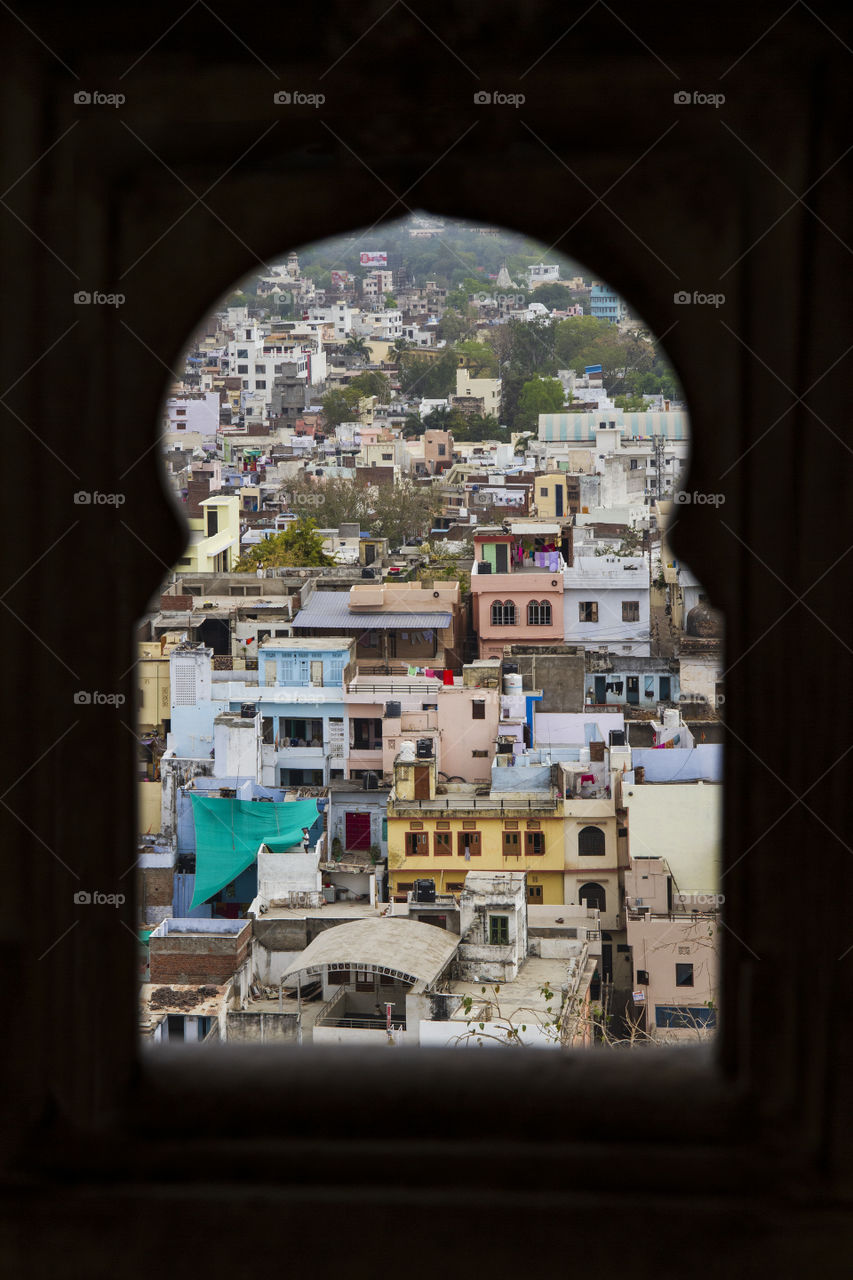 Udaipur city from a window, Rajasthan, India