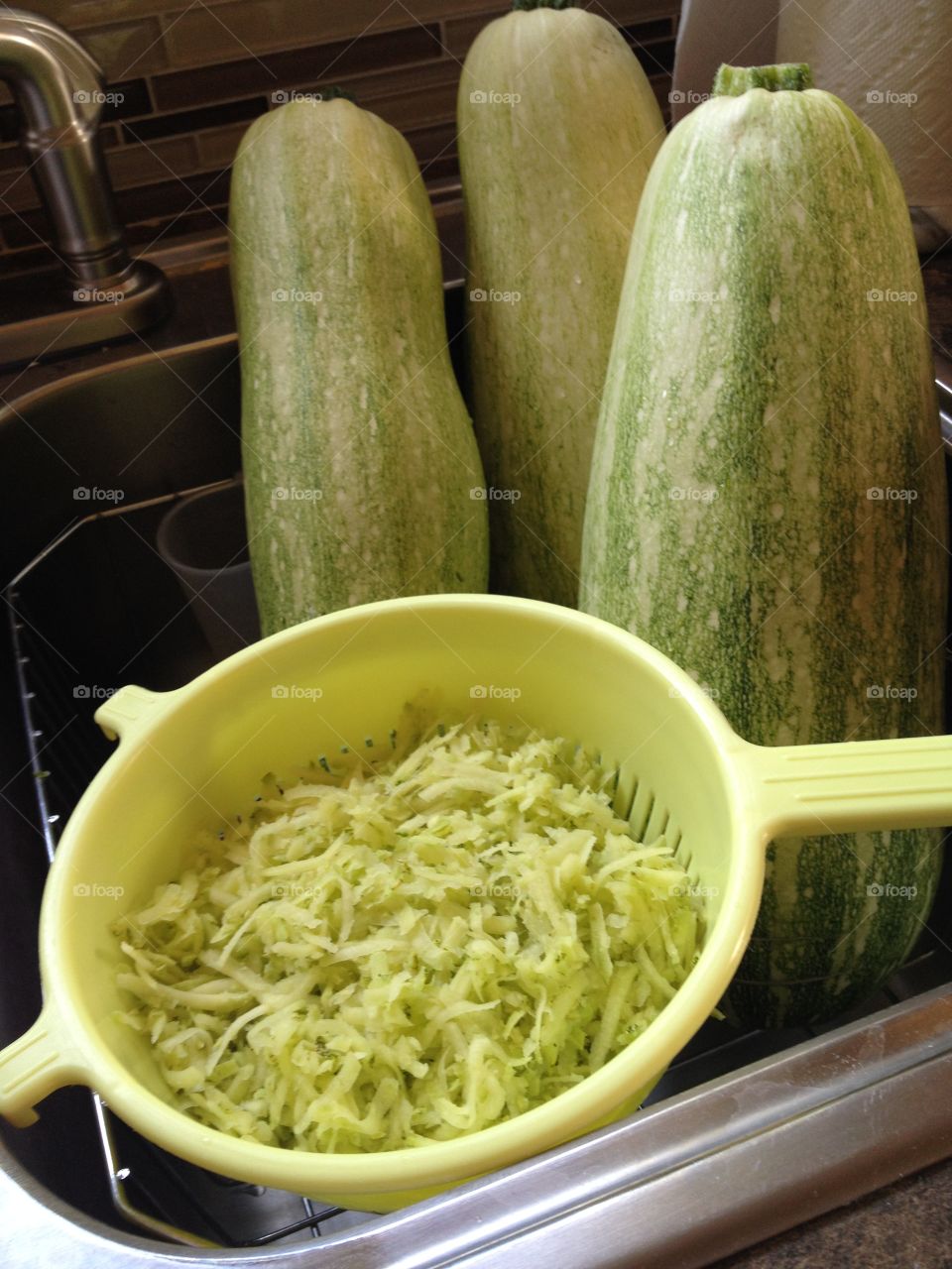 Preparing Zucchini Bread. Huge Zucchinis from the garden, shredded and ready for baking 
