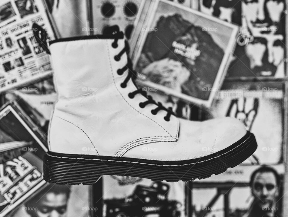 Black and white Doc Marten Boots with CDs, classic music and boots, black and white boots, Doc Marten boots, music and boots, grunge music and doc martens 