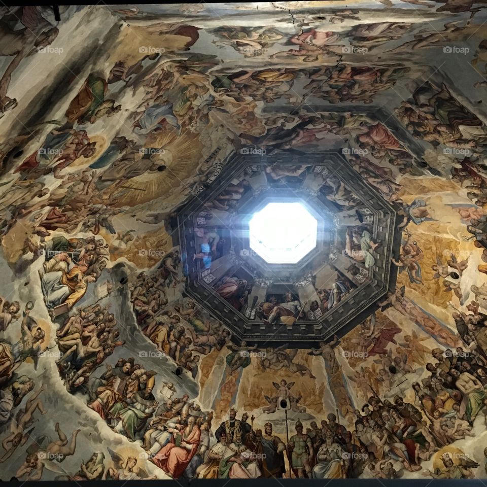 Low angle view of painting on chruch's ceiling