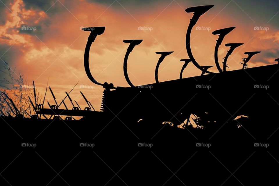 Sunset On A Missouri Farm, Farm Equipment Silhouette, Summertime Sky Silhouettes, Abandoned Farm Equipment 