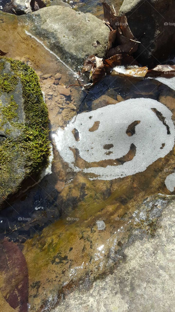a foam smiley face in the creek