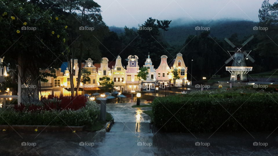 Pastel town in rainy day
