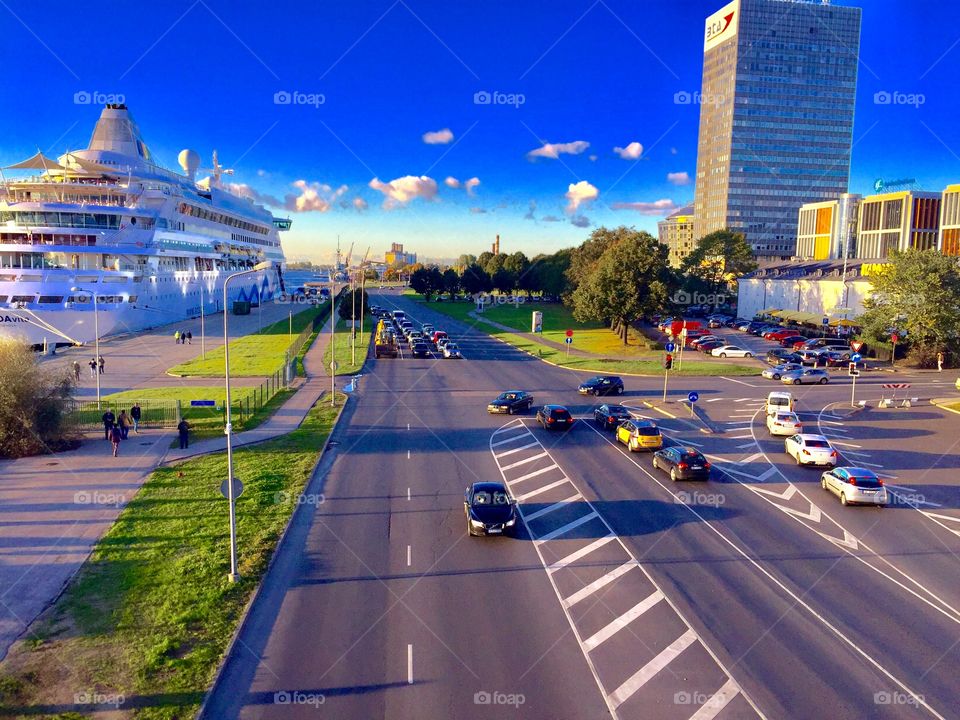 Beautiful view of cruise and street of Riga 