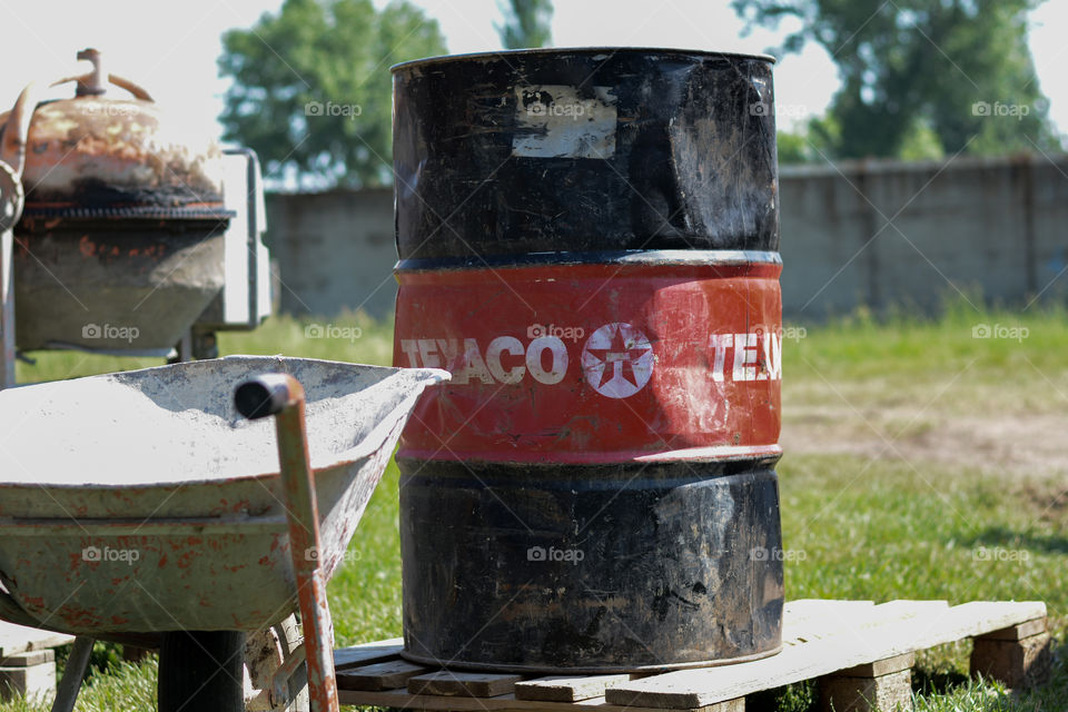 Texaco fuel barrel. Photographed on construction site