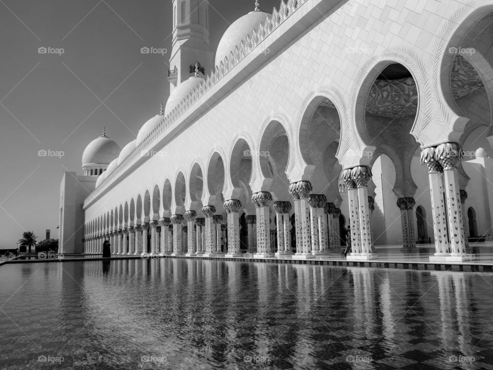 Reflections in water. Sheikh Zayed Grand Mosque Center. Abu Dhabi.