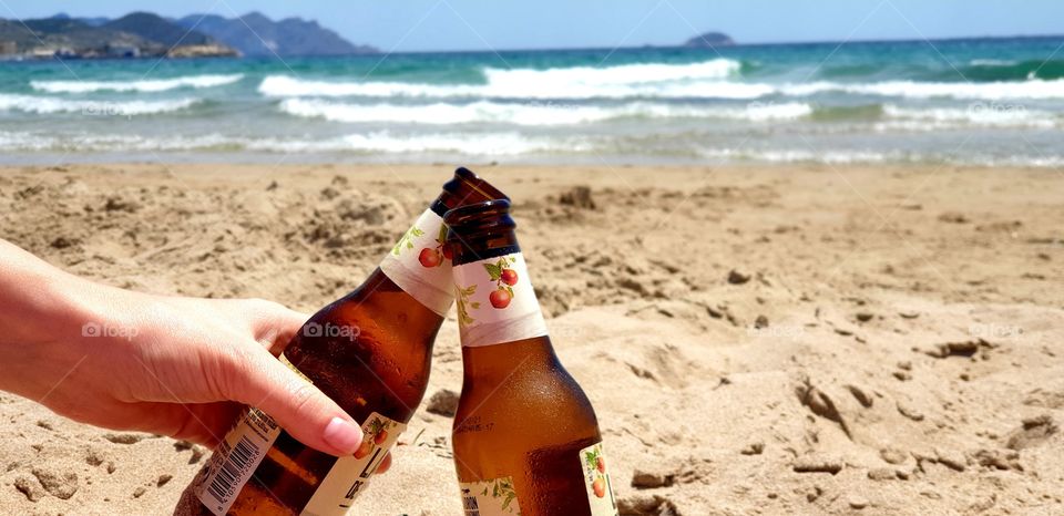 Beach#summer#sea#sand#beer#bottles#enjoy#waves