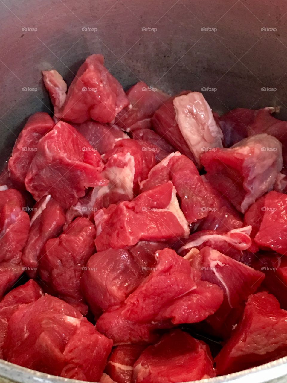 Close up raw casserole stewing beef chunks