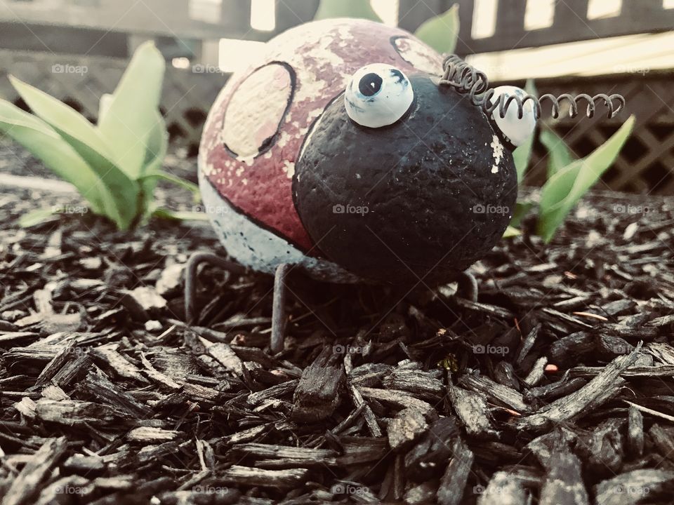 Cute ladybug statue sitting in a garden. 