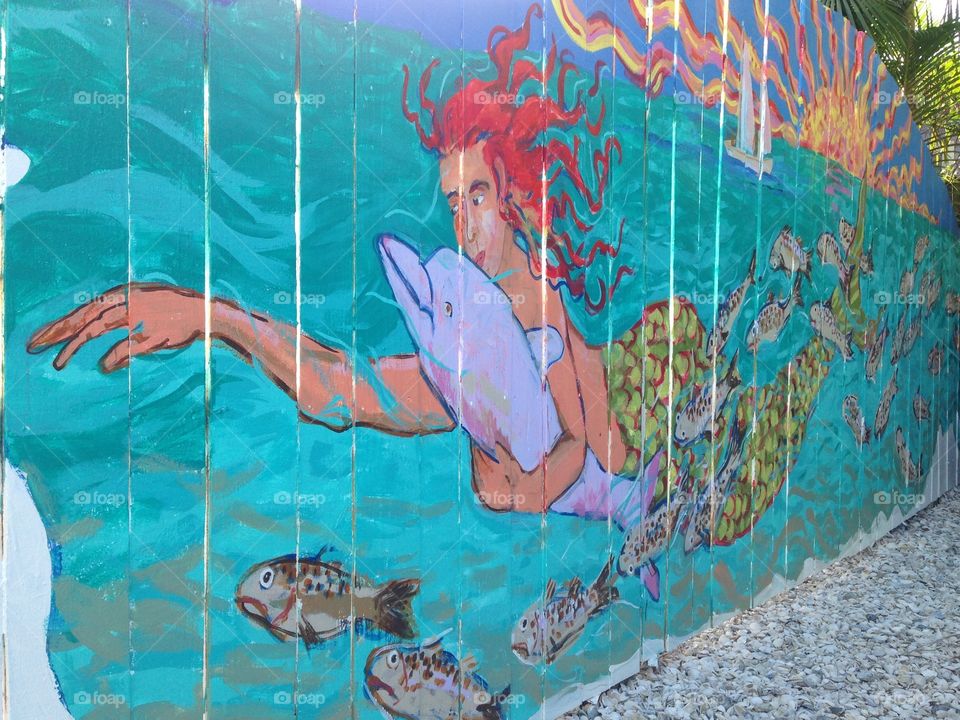 Mermaid swimming with dolphin mural