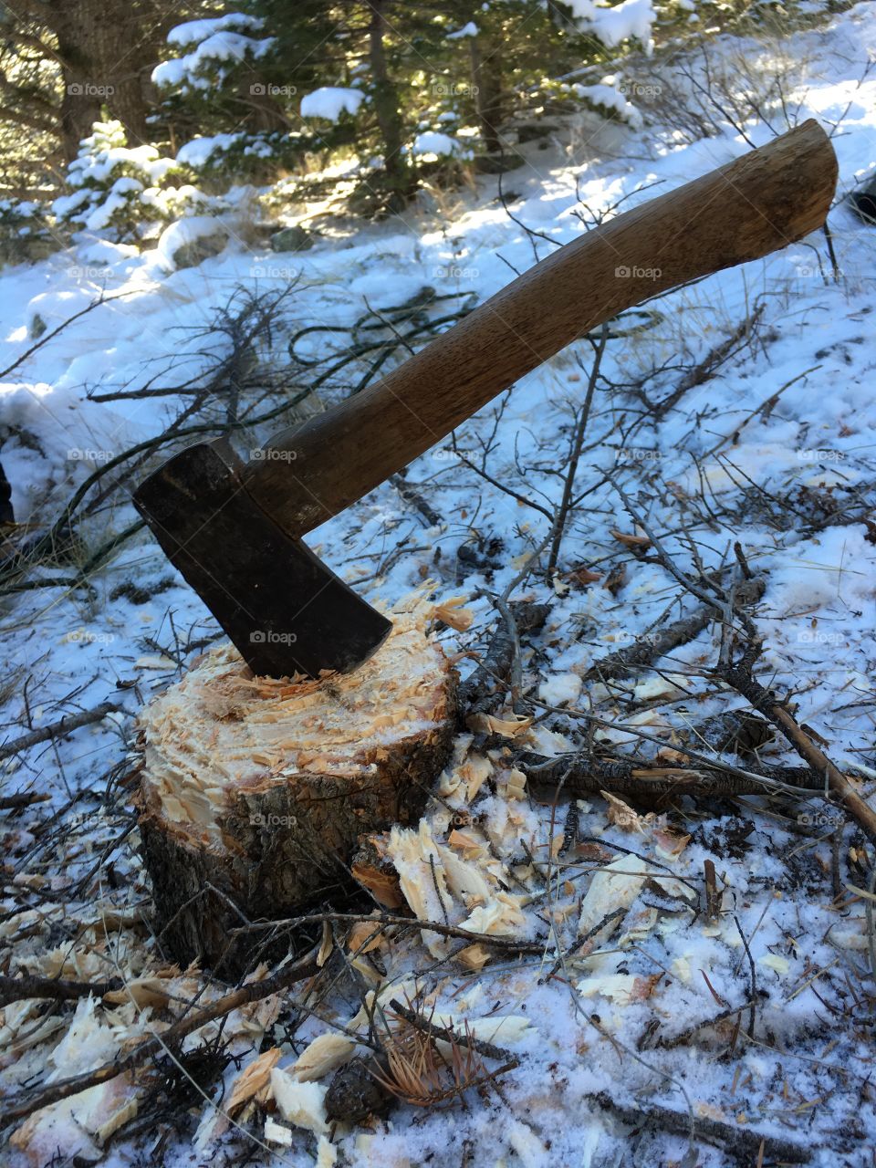 Close-up of axe in snow