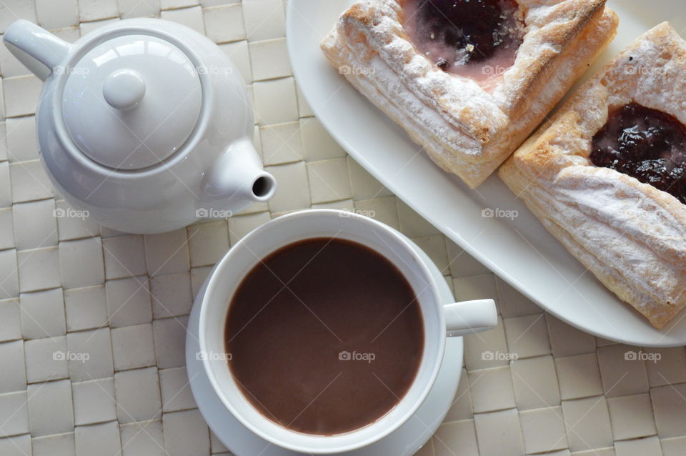 High angle view of coffee and sweet food