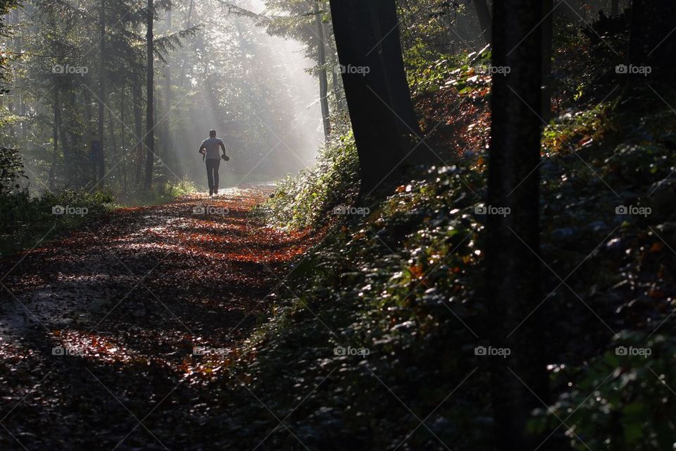 Man walking through forest