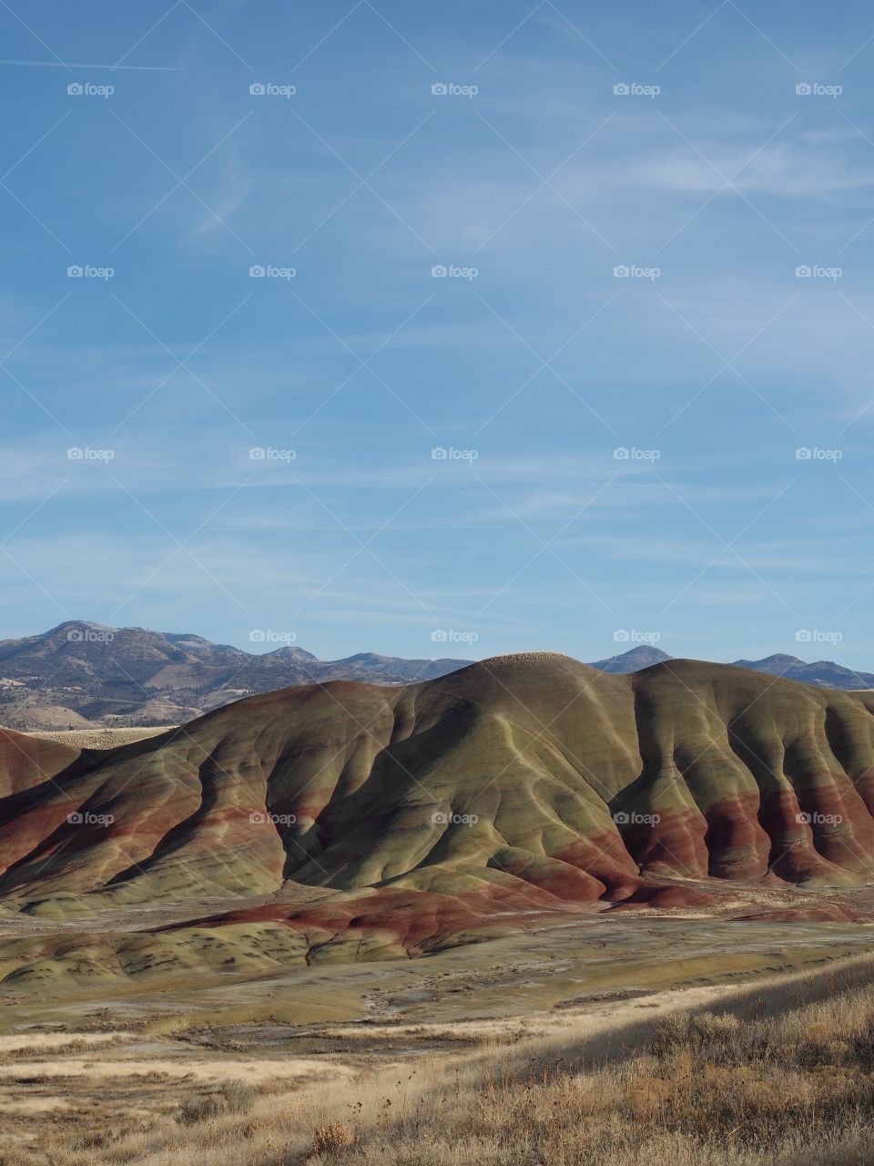 The textured Painted Hills in Eastern Oregon with layers of red, brown, green, and yellow on a sunny winter afternoon. 