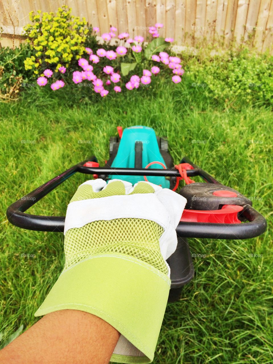 Hand holding a lawn mower. Hand holding a lawn mower in a garden
