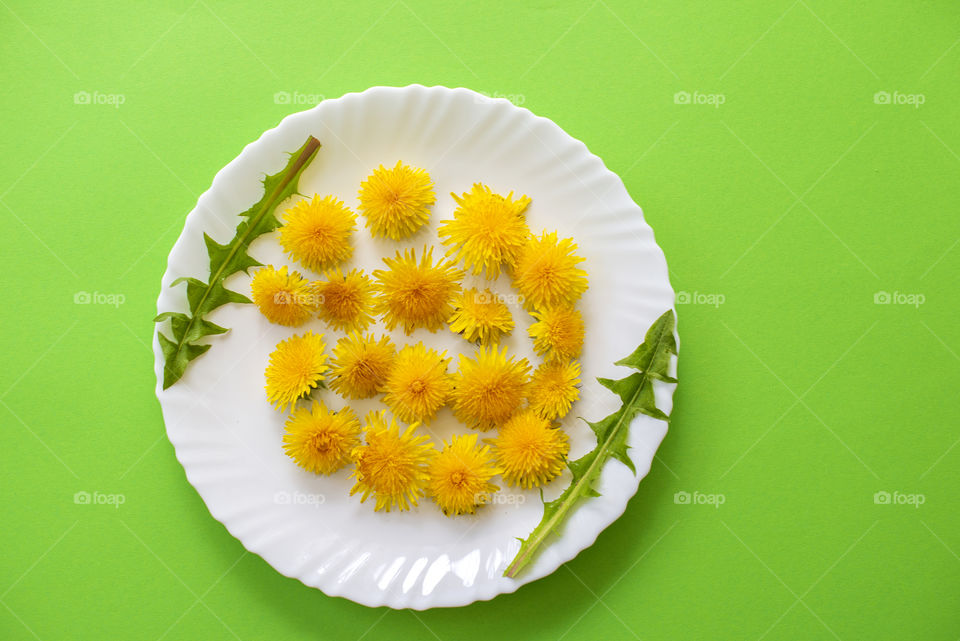 Top view on dandelions flower isolated on green background