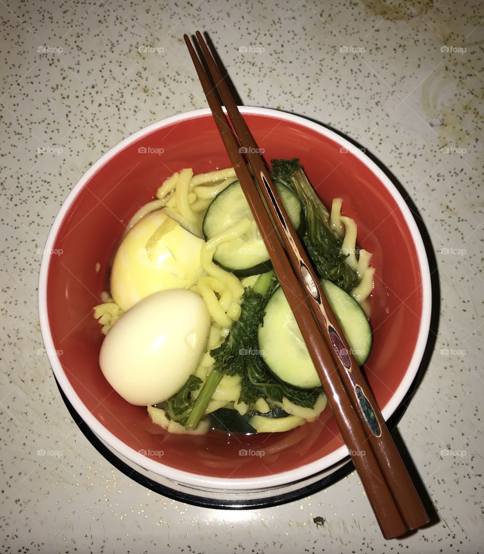 Udon dinner ready for consumption.