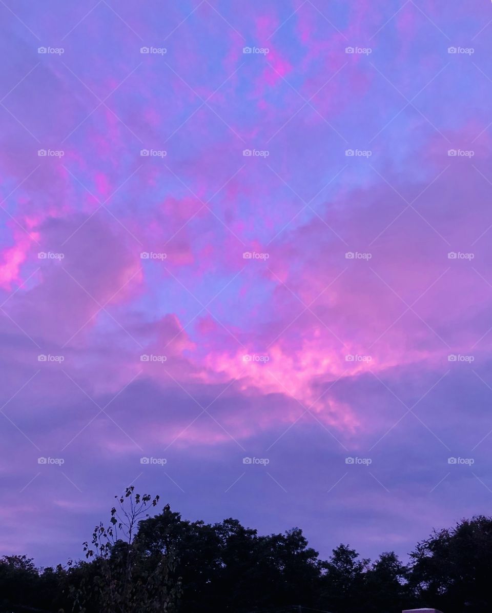 Evening sky tree lined and clouds pink purple hues 