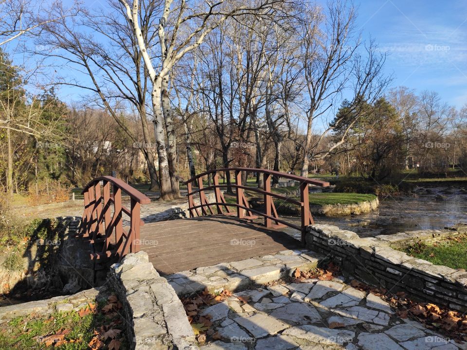 Belgrade Serbia Topcider park wooden bridge and pool in autumn afternoon