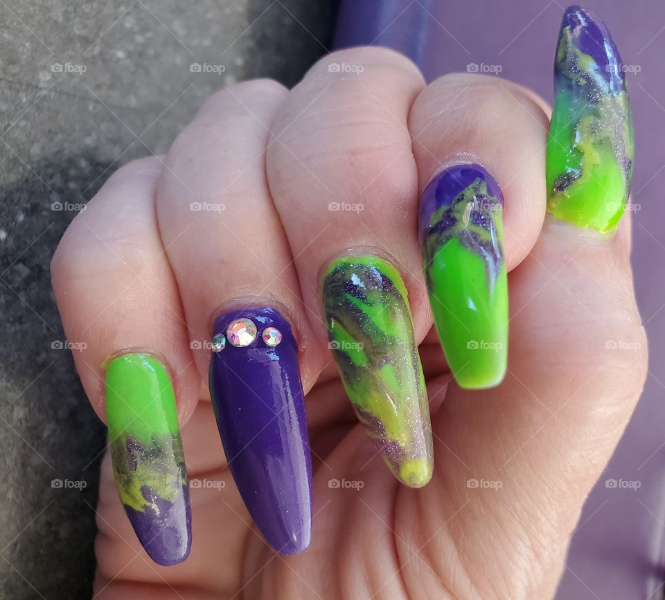 Purple and greem acrylic nails, nail art