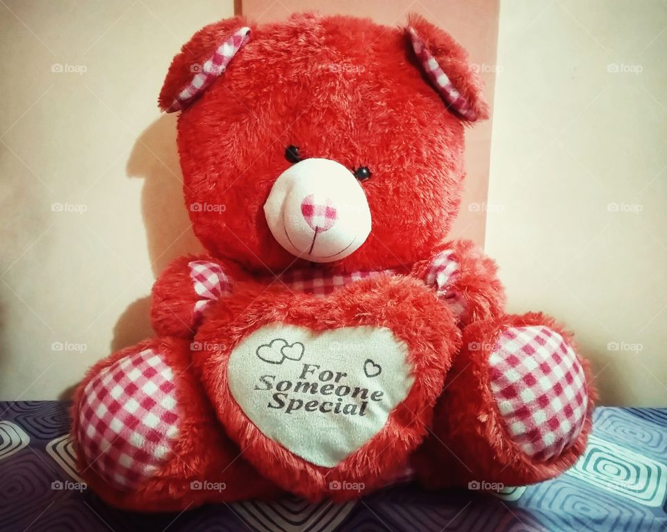 teddy bear sit on bed