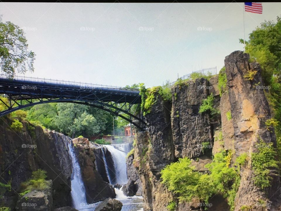 The Paterson Falls with walking bridge above. This is the smallest National Park in the USA—Paterson, NJ