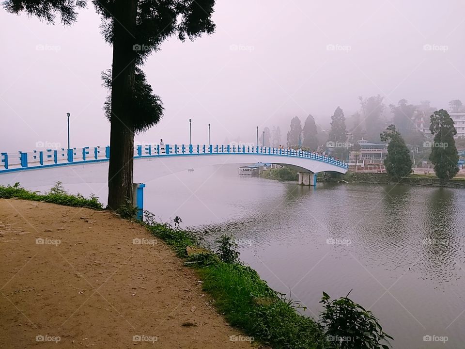 The  bridge on the beautiful Mirik Lake in Mirik, Darjeeling, West Bengal, India.
