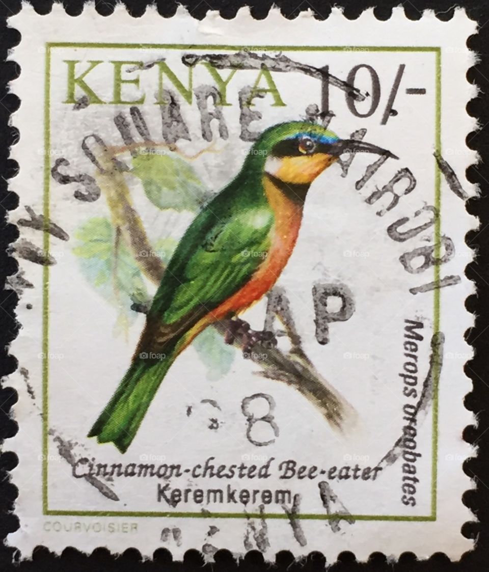 Kenyan stamp showing a cinnamon chested bee eater bird