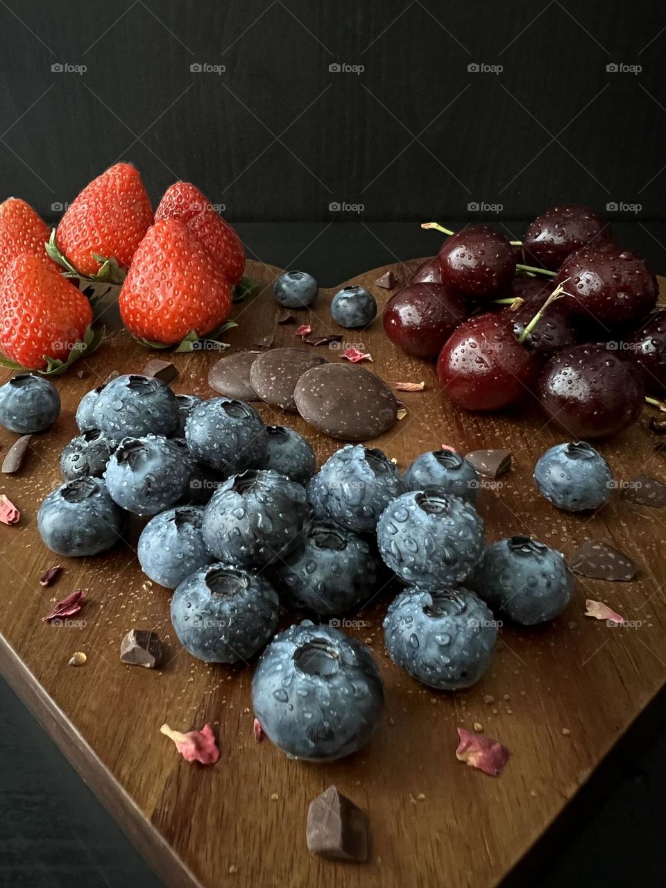 Tasty and delicious fresh berries. Blueberry, strawberry, cherry. Healthy snacks.