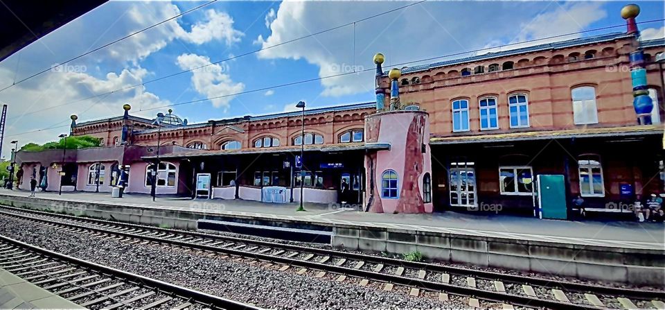 The train station at “Bad Ülsten” in “Saxony”, a state in Germany’s North East seen from outside where the trains arrive. The tracks are clearly visible. 2022. Hypnotic Productions