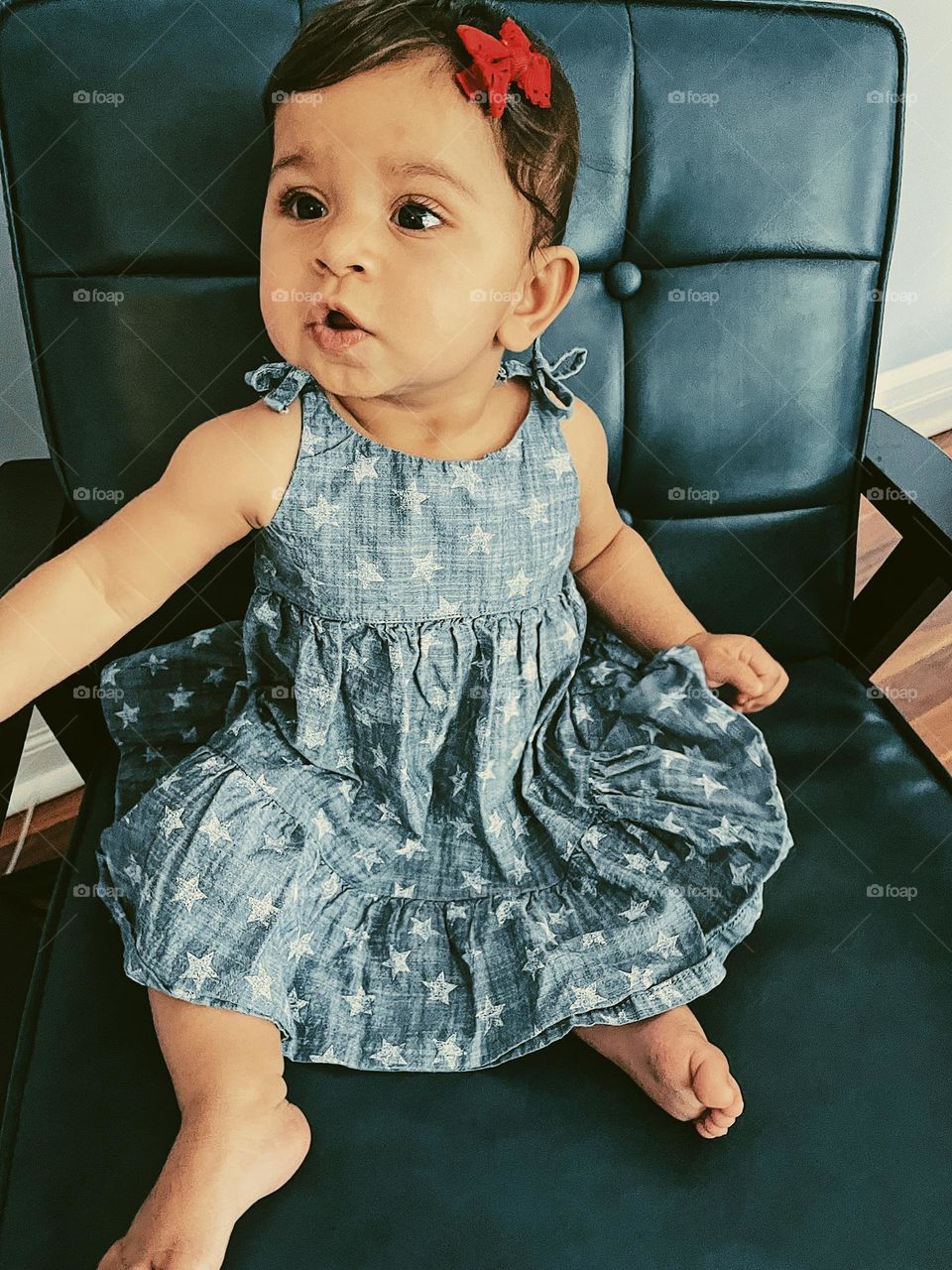 Baby dressed for Fourth of July, Star and stripes baby, celebrating Independence Day with children, ready for the fireworks, baby loves fireworks