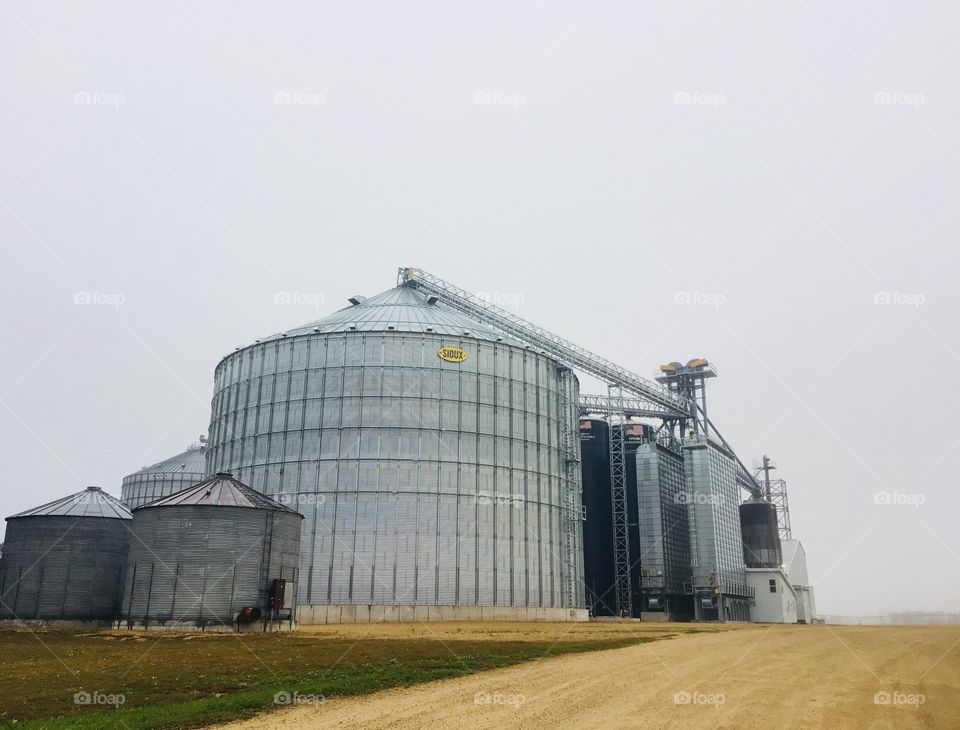Wisconsin feed Mill on a foggy morning - corn dryer - bin - Cedar Falls, Wisconsin, USA