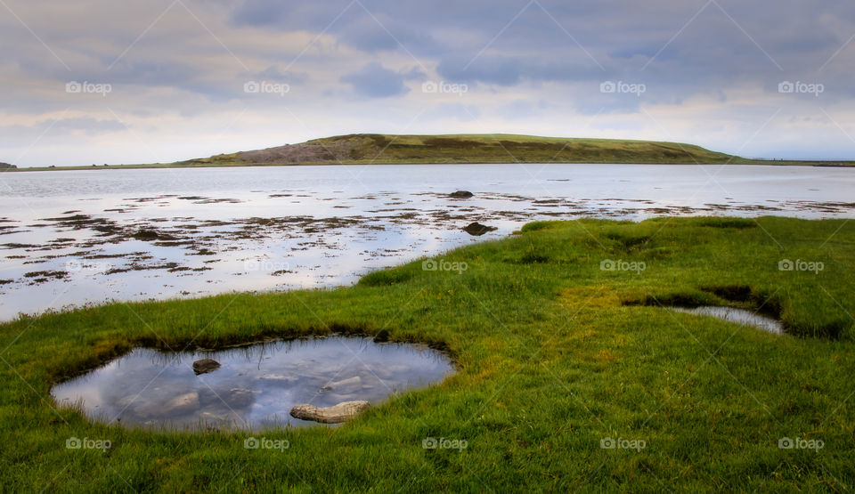 Beautiful waterscape with green grass and mountain in the background