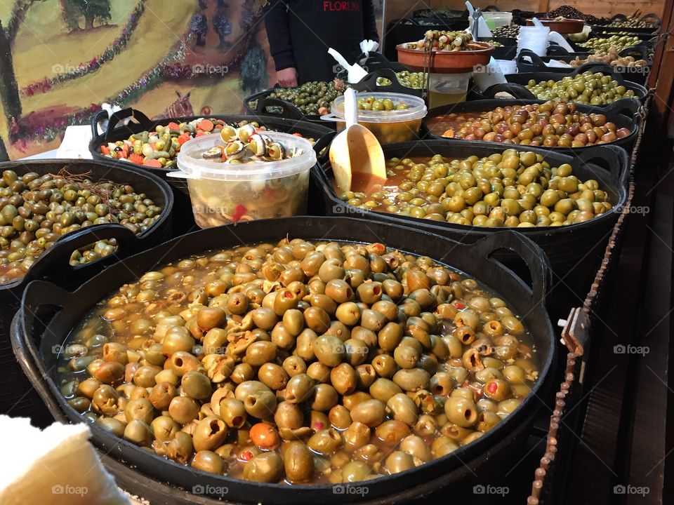 Different types of olives in an street market