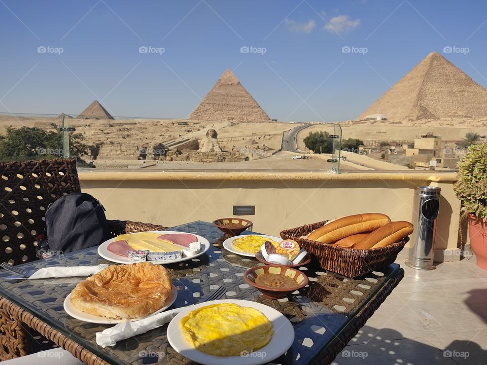 having breakfast on great and historical place 3 Giza pyramids & sphinx , Great Egypt