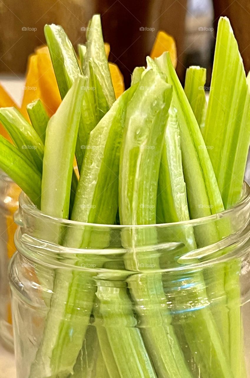 Celery, cut into strips and placed in a transparent jar